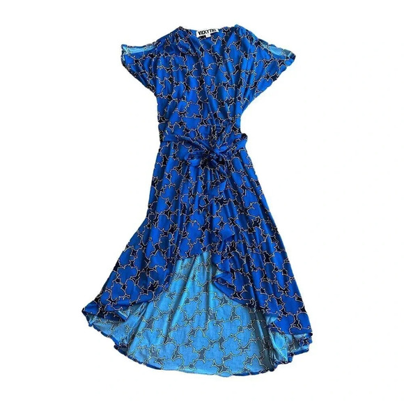 Vicky Tiel Blue Print Wrap-Dress Short Sleeve Stretch Size Medium Women's - Picture 1 of 12